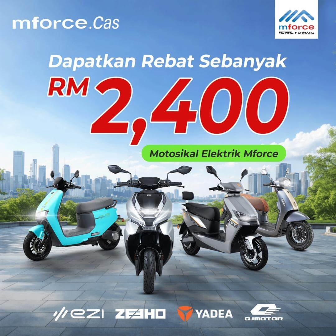 Join the MFORCE.Cas Promotion and enjoy RM2,400 rebate on Mforce electric motorcycles. Valid from 1 April to 30 June 2026. Visit TR MOTORWORLD today. Limited stock available.
